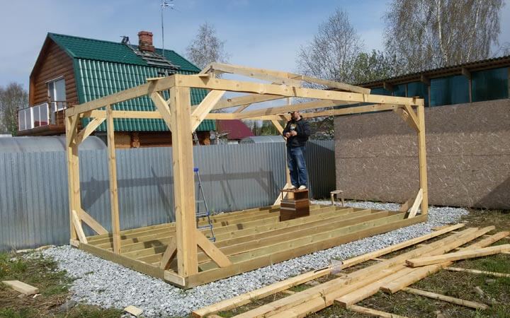 Як тільки зведений основний несучий каркас каркасного садового будиночка, можна приступати до будівництва кроквяної системи даху