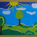Майстер-клас «Осінній пейзаж» (аплікація)   Матеріали: картон блакитного кольору для фону, набір кольорового паперу, ножиці, простий олівець, клей для паперу